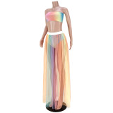 Sexy Printed Gradient Colorful Wrap Mesh Long Hakama Skirt Two Piece Set