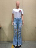 Casual Hole Burned Denim Flared Trousers