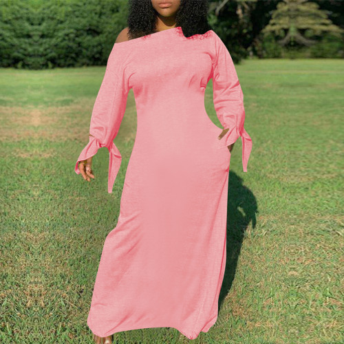 New Stylish Women Oblique Shoulder Long Sleeves Solid Casual Long Dress Club