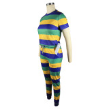 Casual Sweat-absorbing Striped Printed Round Neck Short Sleeve Trouser Set