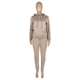 Autumn Winter Thick Drawstring Jogger Two Piece Mocha Sweatpants and Hoodie Set
