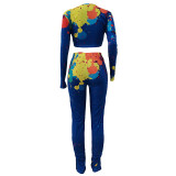 Women Colorful Ink-splash Print Crop Top Two Piece Outfits
