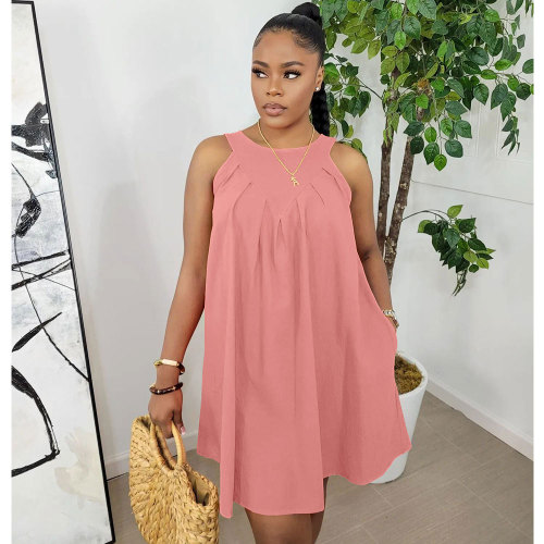 Pink Solid Color Sleeveless Crew Neck Pleated Cotton Mini Dress with Pocket