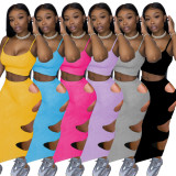 Solid Color Straps Crop Top and Holes Long Skirt
