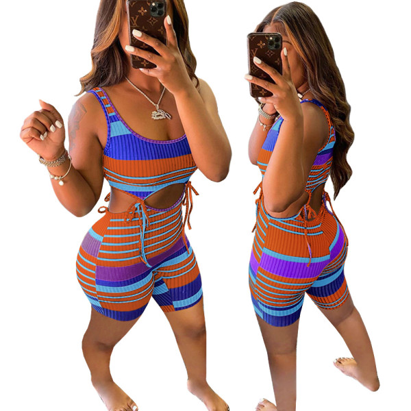 Casual Pit Striped Lace-up Rompers