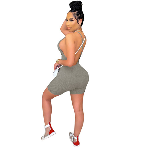 Solid Color Ribbed Straps Bodysuit