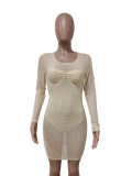 Khaki Long Sleeves Mesh Bodycon Dress with Rhinestones