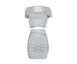 Solid Color Pleated Hollow Stacked Two Piece Skirt Set