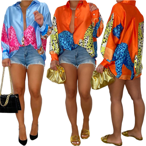 Women Chic Fashion Leopard Pattern Turn Down Collar Long Sleeves Button Casual Shirt Tops