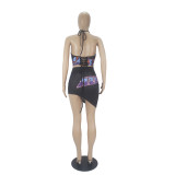 Women Graphic Print Halter Backless Sexy Skirt Set