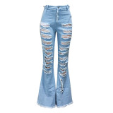 Casual Hole Burned Flared Denim Trousers