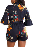 Hot Fashion Plunge Neck Half Sleeve Floral Printed Tie Waist Rompers