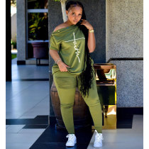 2022 Summer Loose Army Green Printed Slanted Shoulder Breasted Shirring Two Pieces Sets