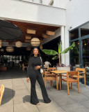 Solid Color Autumn Women's Long Sleeve Irregular Top Slit Flared Pants Two Pieces