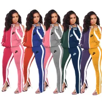 Womens Color Contrast Stripe Zipper Hoodies Sweatshirt & Wide Leg Slit Pants 2 Piece