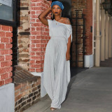 Grey Casual Solid Split Joint Fold Asymmetrical Cross-Shoulder Short Sleeve Two Pieces