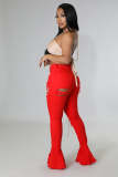 Red Vintage Mid Waist Shredded Eyelet Bandage Denim Flared Pants