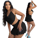 Black Sexy Halter Backless Pleated Two Piece Skirt Set