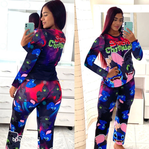 Casual Cartoon Print Home Wear Long Sleeve Pajamas Loungewear Women Sets