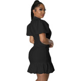 Women's V Neck Dress Cute Puff Sleeve Button Down Casual A-Line Ruffle Swing Short Mini Dresses