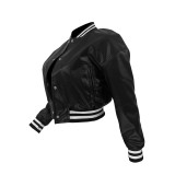 Thread Elasticity Faux Leather Baseball Jacket