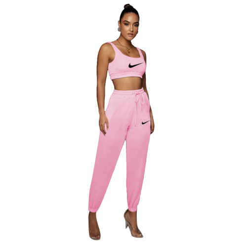 Solid Color Printed Sports Vest and Trousers Two Piece Pant Set