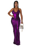 Solid Color Deep V Halter Stacked Maxi Dresses