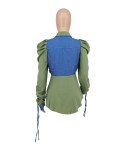 Double Collar Adjustable Tie Puff Long Sleeve Ruffle Denim Jacket