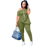 2022 Summer Loose Army Green Printed Slanted Shoulder Breasted Shirring Two Pieces Sets