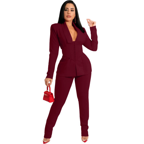 Solid Wine Red Corset Patchwork Blazer Suit Set Two Piece OL Office Ladies Slim Elegant Blazer Set