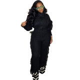 Solid Color Fashion Knit High Neck Tassel Sweater Pant Set