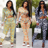 Casual Long Sleeve Ripple Printed Shirt And Pants Two Piece Sets