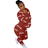 Casual High Neck Printed Letters Sweatshirt Pant Set