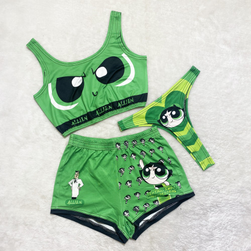 Sexy Gradient Graphic Print Vest Shorts Bikini Three Piece Set