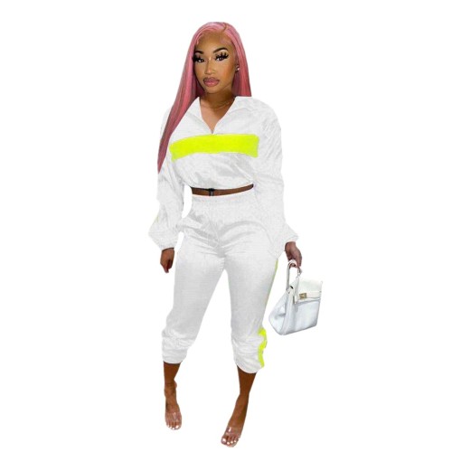 Casual White Color Matching Zipper Lapel Running Sweatshirt Pants Set