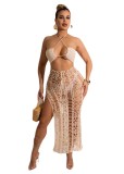 Apricot Solid Color Summer Elastic Fringed Side Slit Halter Beach Long Dresses