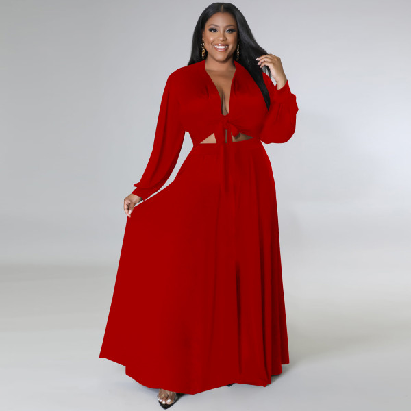 Red Plus Size Loose Long Sleeve Swing Skirt Set