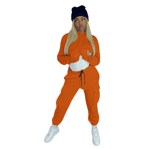 Solid Color Multi Pocket Hoodie Sports Pant Set