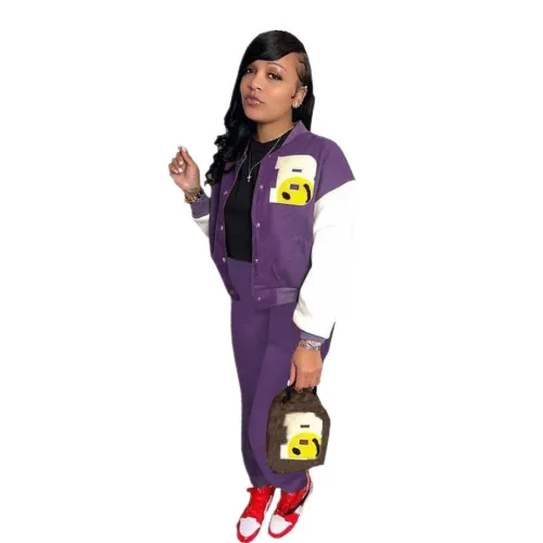 Color-blocking Air Layer Thicken Baseball Uniform Casual Print Split Joint Buckle Long Sleeve Two Pieces