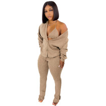 Women 3 Piece Sets Sexy Lingerie Lounge Wear Set Khaki Pyjamas Female Nightwear Cardigan Sleepwear