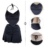 Black Sexy Halter Backless Pleated Two Piece Skirt Set