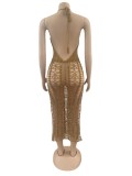 Khaki Solid Color Summer Elastic Fringed Side Slit Halter Beach Long Dresses