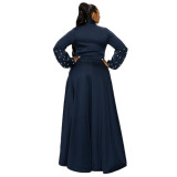 Plus Size Solid Beaded Tie Neck Ruffle Sleeve Formal Maxi Dress With Pocket