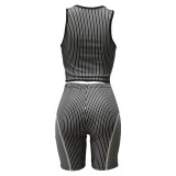 Fashion Striped Print Sleeveless Sports Crop Top and Shorts