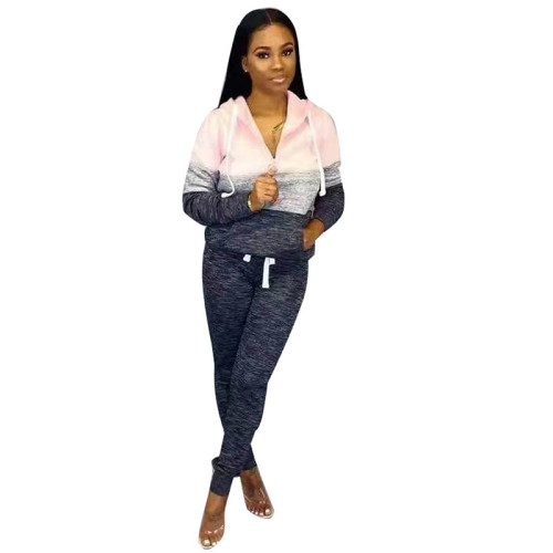 Casual Colorblock Hooded Zipper Pant Set