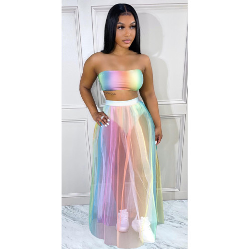 Sexy Printed Gradient Colorful Wrap Mesh Long Hakama Skirt Two Piece Set