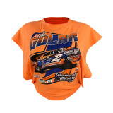 Casual Orange Cool Racing Print Bandage Hollowed Out Split Joint O Neck T-Shirts