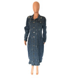 Fashion Women's Ripped Long Sleeve Denim Long Cardigan Trench