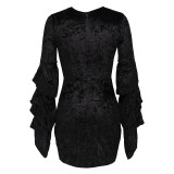 Deep-V Sexy Velvet Club Dresses with Wide Sleeves