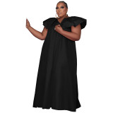 Solid Color Plus Size Woven Ruffled Sleeve V-neck Stitching Party Dress